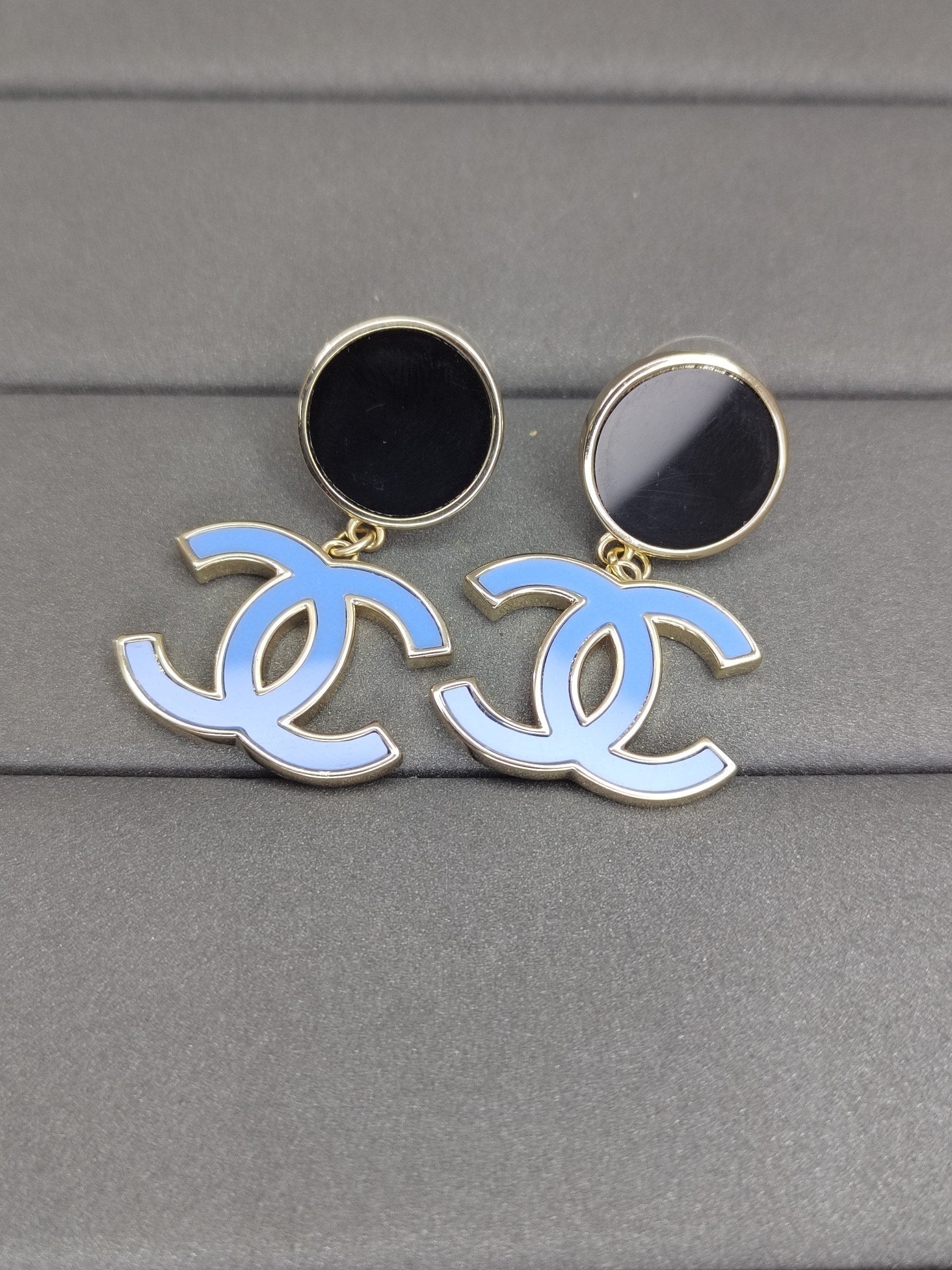 Chanel Classic Blue Dangle 18K Gold Earrings