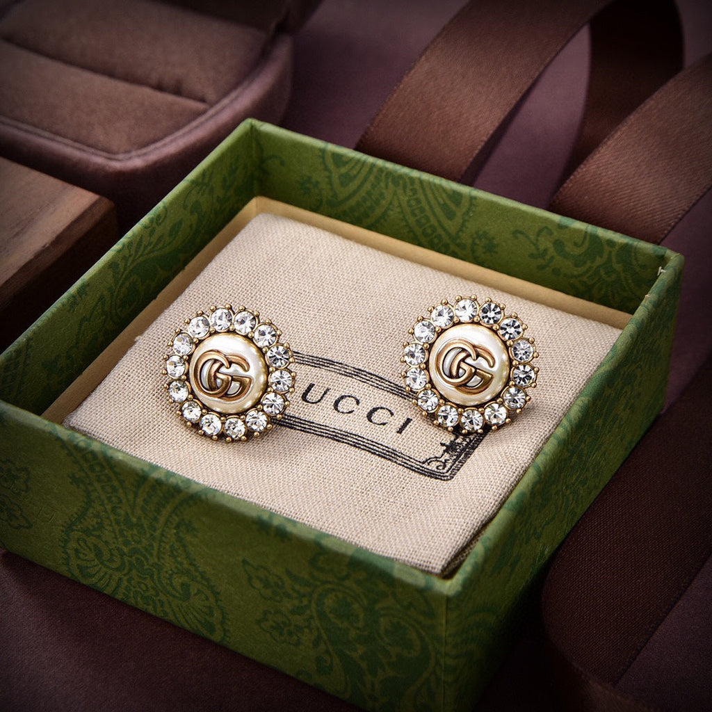 Gucci Double Flower Crystals 18K Gold Earrings