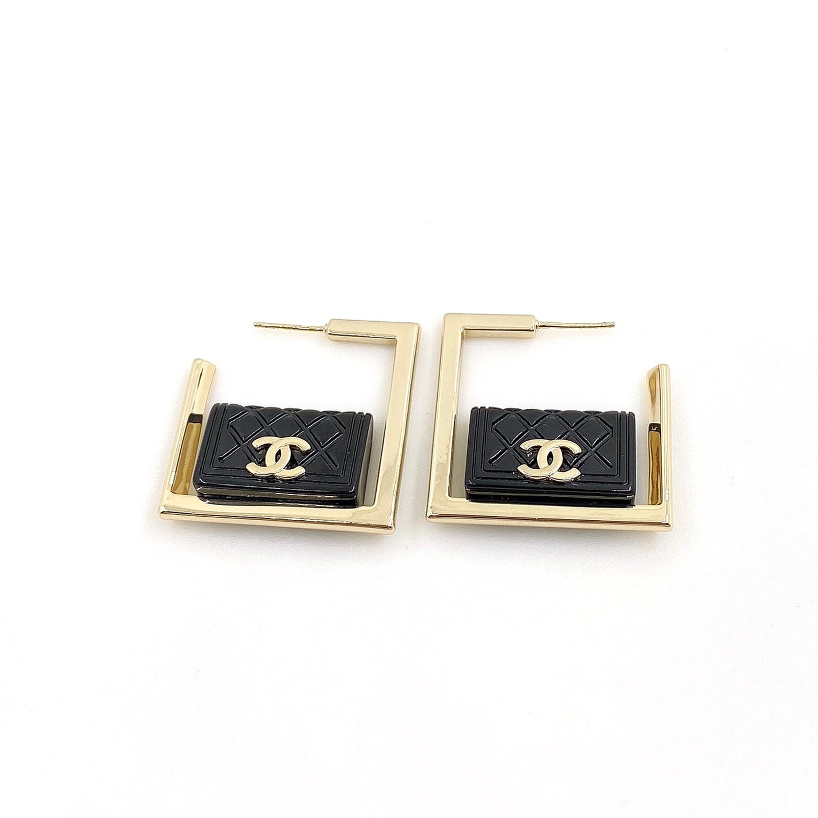Chanel Black Bag Pendant 18K Gold Earrings