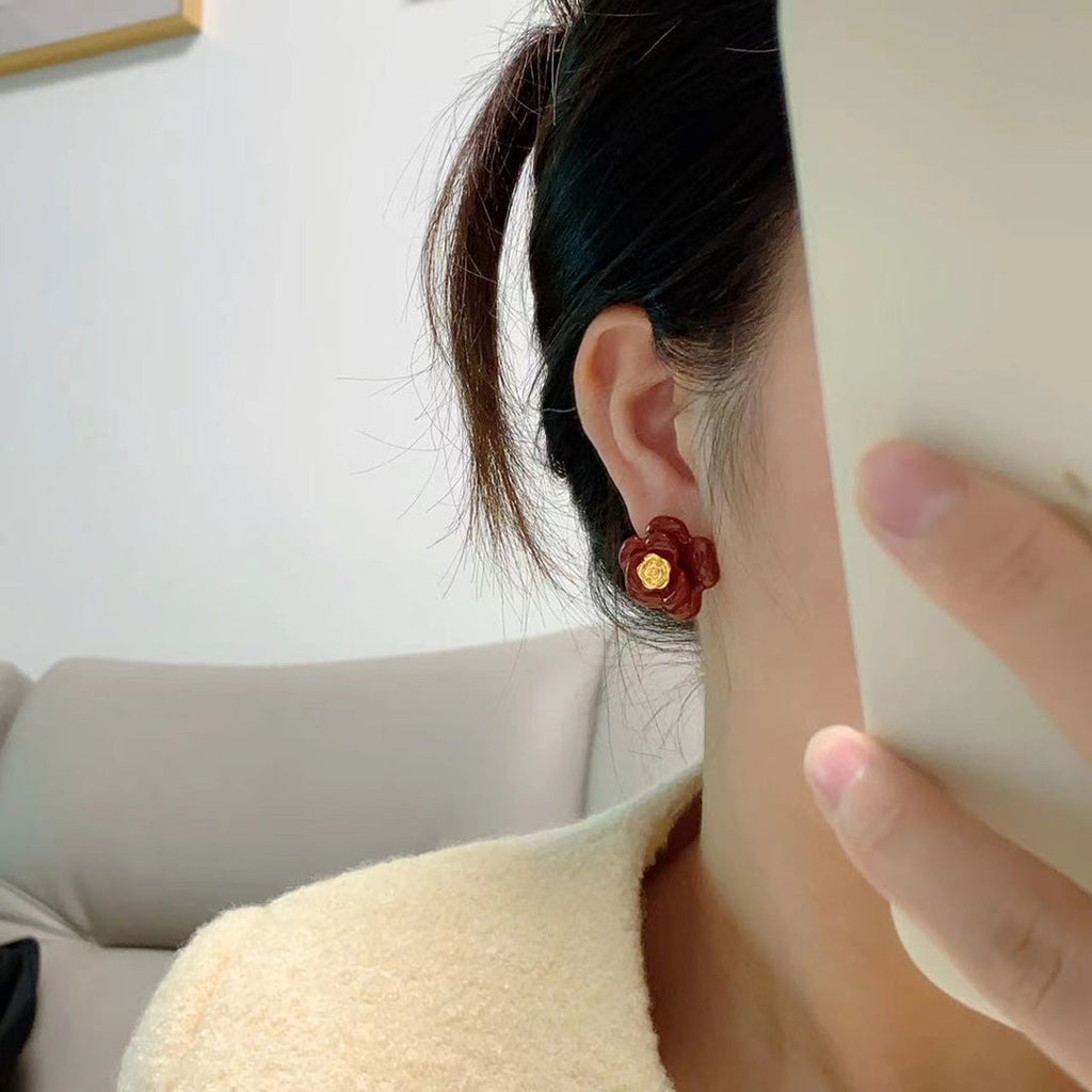 Chanel Red Camellia Resin 18K Gold Earrings