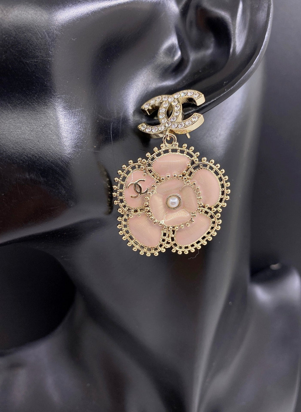 Chanel Pink Flower 18K Gold Earrings