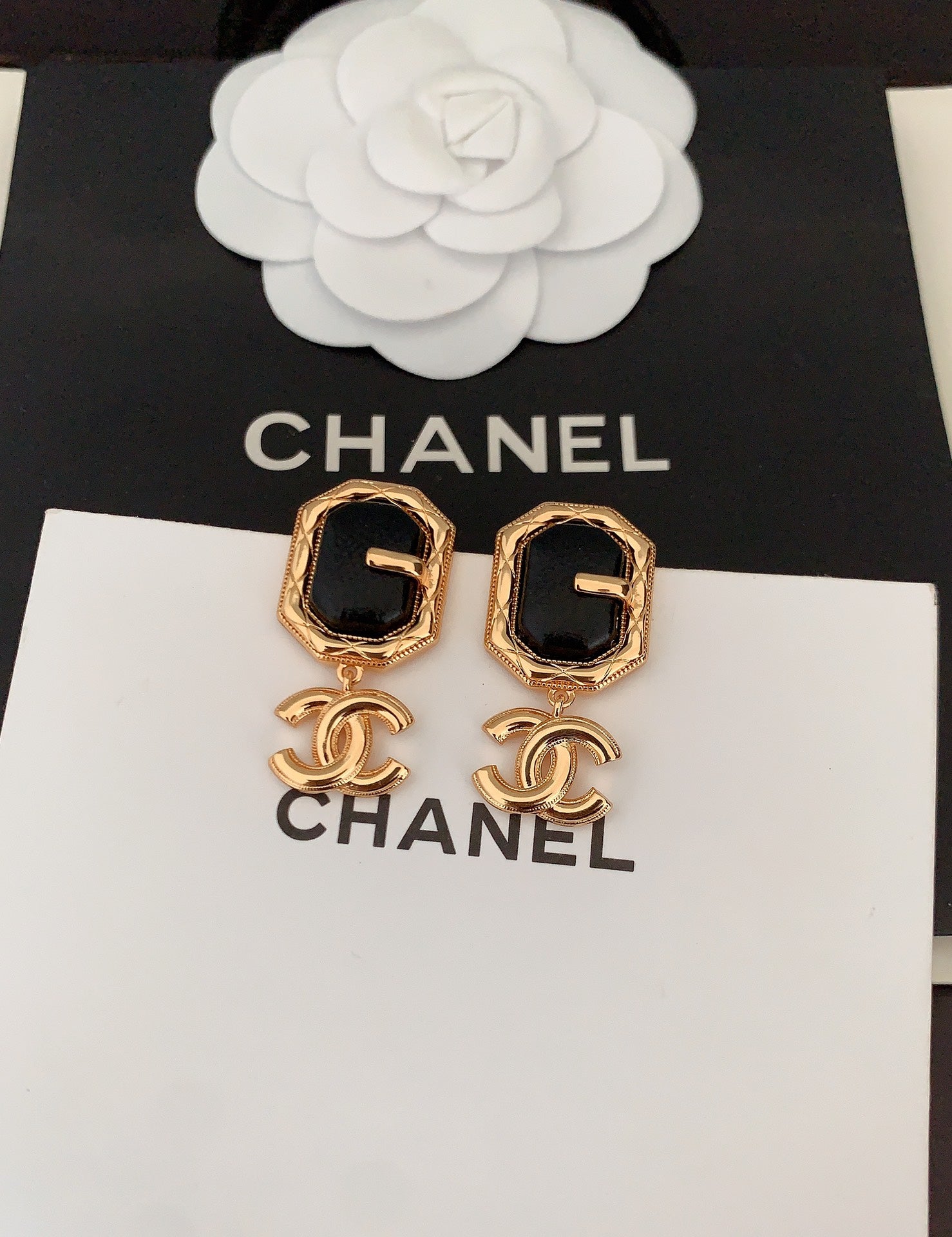 Chanel Pendant Leather 18K Gold Earrings