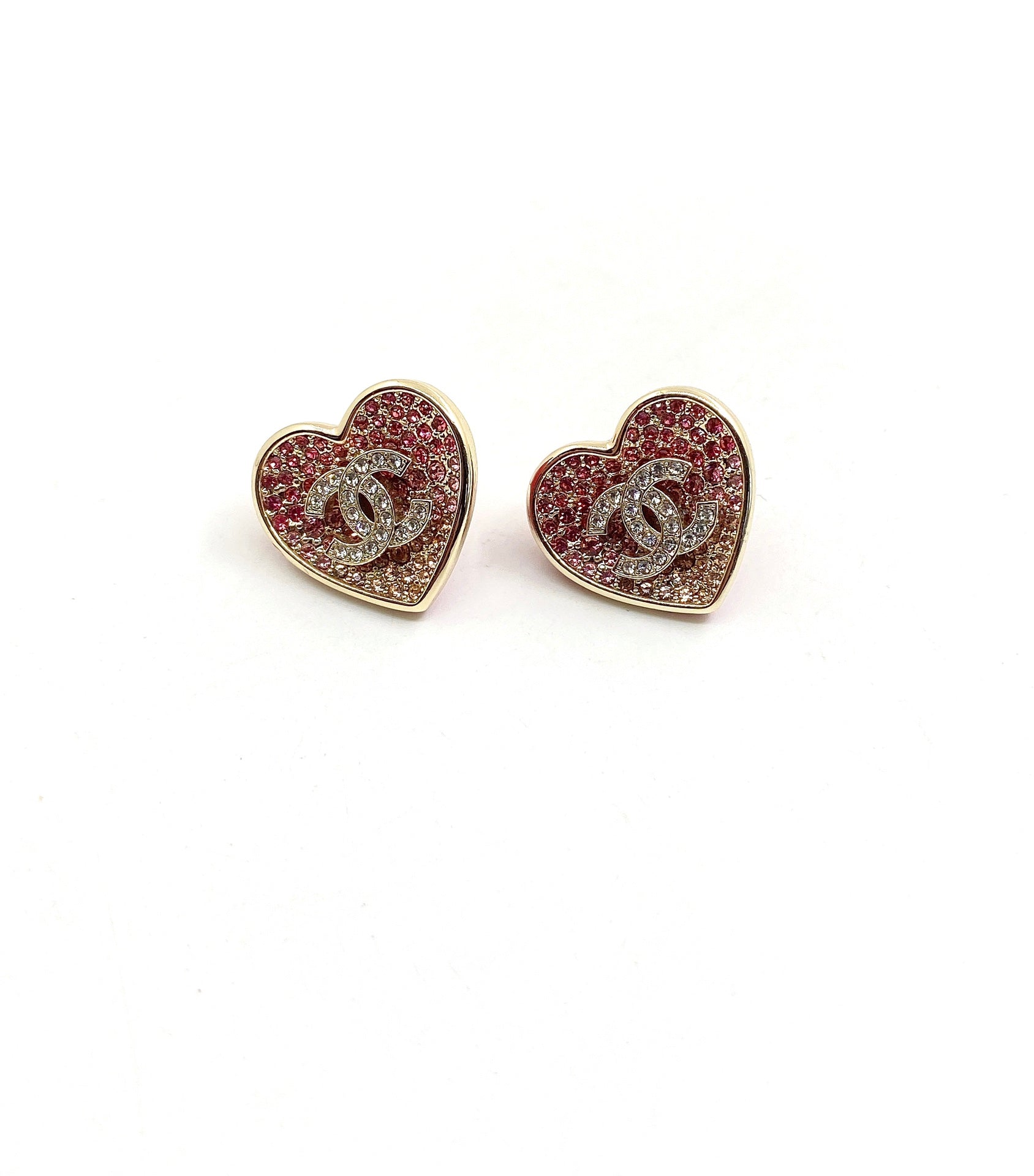 Chanel Diamond Pink Heart 18K Gold Earrings