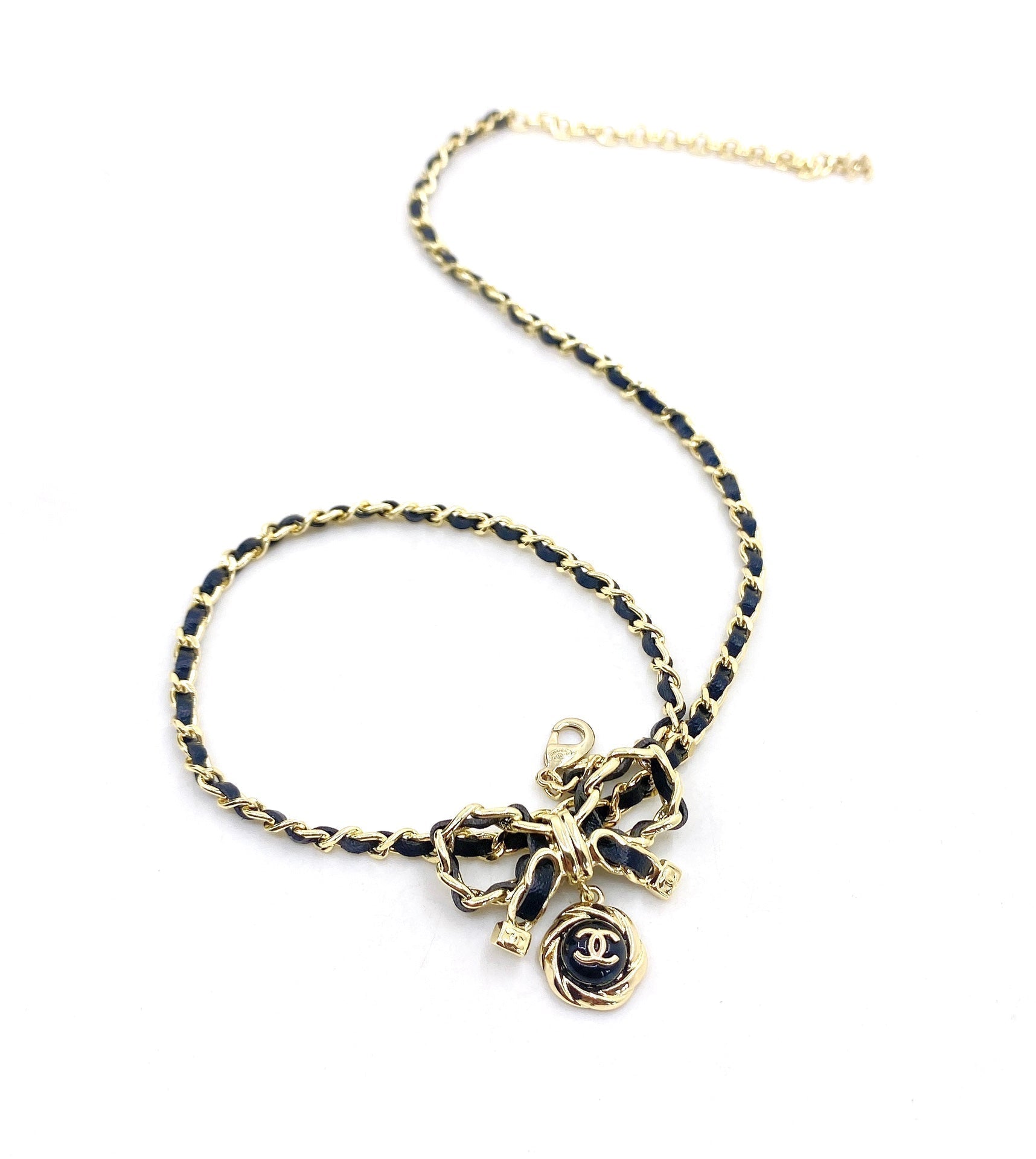 Chanel Rhinestone Bow Tie 18K Gold Necklace