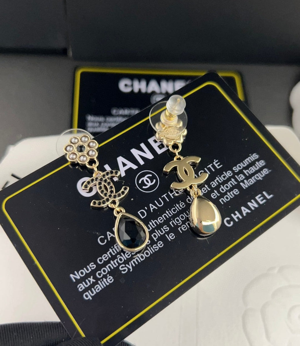 Chanel Black Crystals 18K Gold Earrings