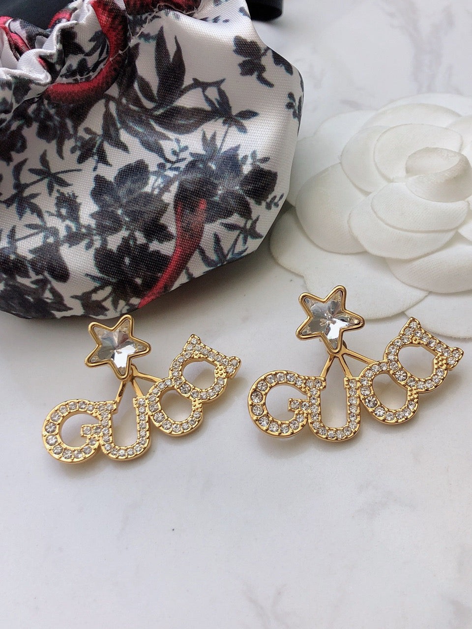 Gucci Double Script Star 18K Gold Earrings