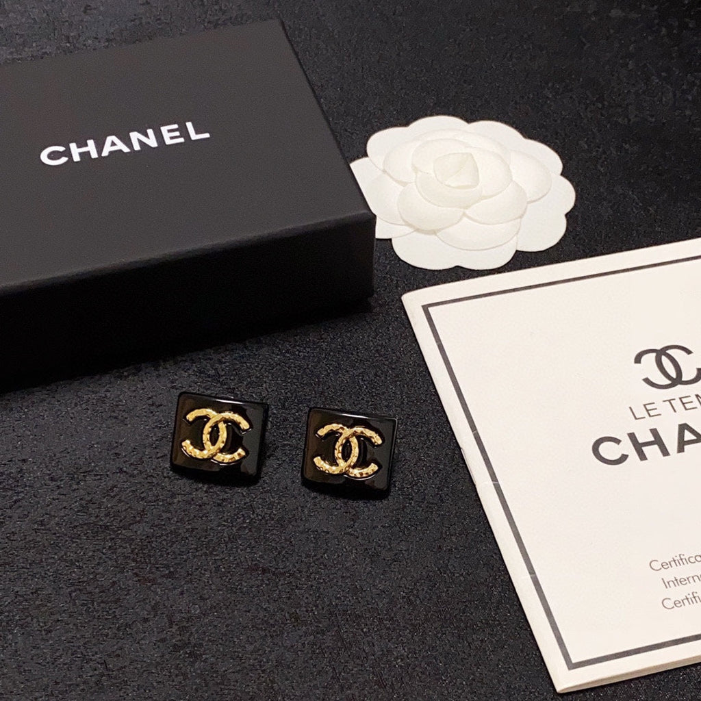 Chanel Black Resin Square 18K Gold Earrings